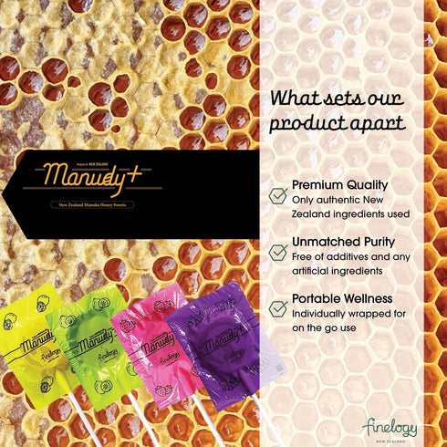 Manudy+ New Zealand Manuka Honey Sweets Lollipops MGO250+ Natural Fruits Flavor 12 Pops (Lemon)...