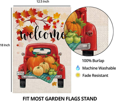 Fall Welcome Garden Flags for Outside,Truck with Pumpkins Maple Leaves,Harvest Decorative Farmhouse Flag for Patch,12.5 x 18 Inch Double Sided,Sma...
