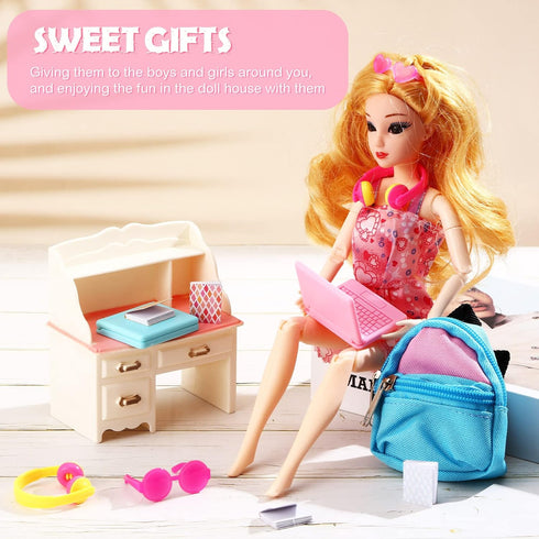 20 Pieces Doll Backpack Set Dollhouse School Accessories Doll Travel Supplies Include Mini Laptop Scene Simulation Backpack Bag with Zipper Mini H...