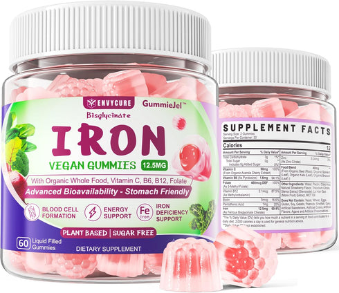 Vegan Iron Gummies Supplement - High Absorption Chelated Bisglycinate Iron with Vitamin C, B-Complex, Folate for Energy, Blood Builder Iron Filled...