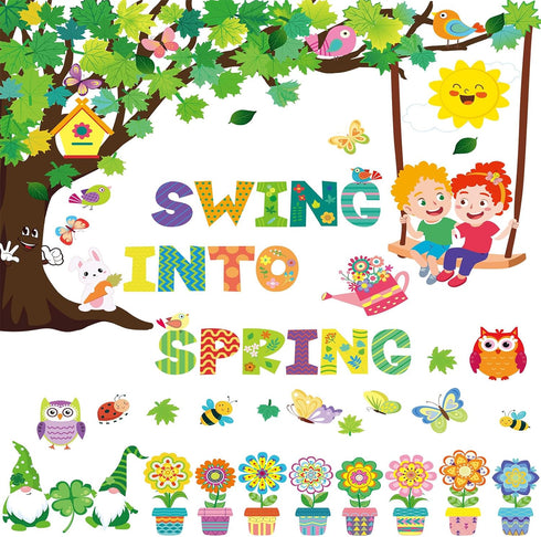 135 Pcs Spring Bulletin Board Decoration Tree Bulletin Board Decoration Bulletin Board Tree Cutout Bunny Butterfly Flower Decorations for Easter C...