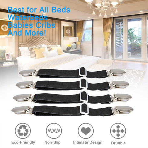 BetyBedy 4Pcs Adjustable Bed Sheet Fasteners Suspenders, Elastic Sheet Band Straps Clips, Cover Grippers Suspenders Holder for Mattress Pad Cover,...