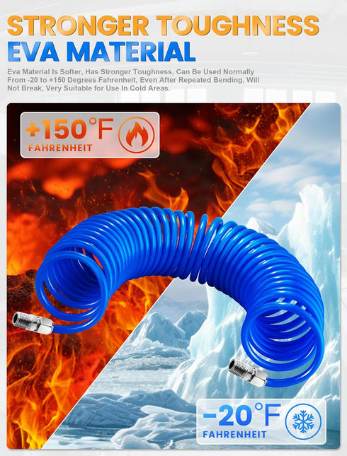 25 Feet Repairable EVA Recoil Air Hose, Air Compressor Hose with 1/4" NPT Industrial Universal Quick Coupler and I/M Plug Kit, 200PSI Max Air Tool...