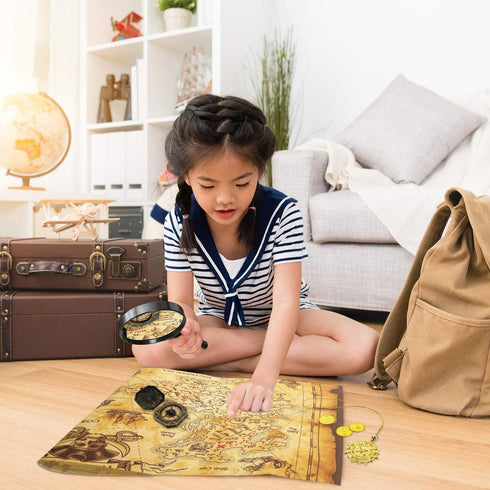 Gejoy Halloween Detailed Pirate Treasure Map Vintage Gold Secret Sea Historical Theme Party Accessory, Compass Necklace Plastic Coins Toy Pirate T...