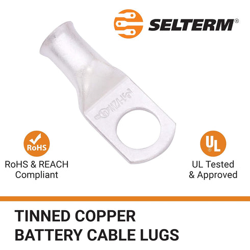 SELTERM 10pcs 1 AWG-1/2" Stud Tinned Copper Wire Lugs, Heavy Duty Battery Cable Ends,1 Gauge Ring Terminals, UL Battery Lugs Marine Grade Copper E...