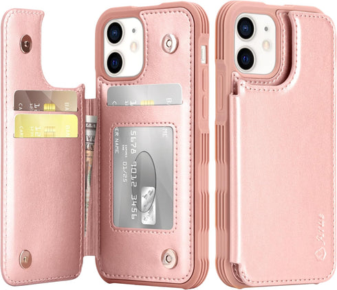 Arae Compatible for iPhone 12/12 Pro 6.1 inch Case with Card Holder - Wallet Case with PU Leather Card Pockets Back Flip Cover - Rose Gold...