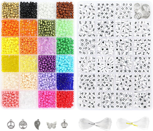 QUEFE 1800pcs 4mm Glass Seed Beads, 24colors, 480pcs Black and White Alphabet Beads Handcrafting Beads Craft Beads Kit for Jewelry Making, Bracele...