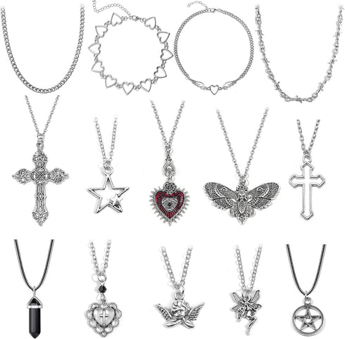 14 Pcs Grunge Goth Necklace Set Y2k Grunge Jewelry Gothic Cross Y2k Star Emo Accessories Y2k Jewelry Set for Women Men...