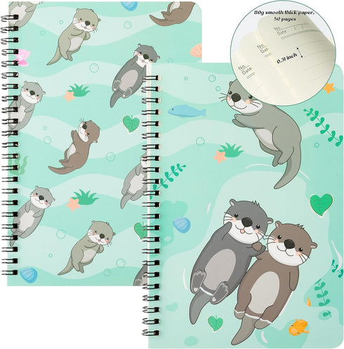 L1rabe 2 A5 Otter Spiral Notebooks Cute Funny Otter Rivers Fish Plant College Ruled Hardcover Notebooks, Travel Journal Diary Notepad for Kids Tee...