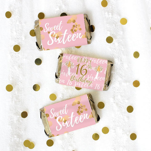 Pink and Gold Sweet 16 Birthday Party Mini Chocolate Candy Bar Wrappers, Pink Sweet Sixteen Party Favor Stickers - 42 Count...
