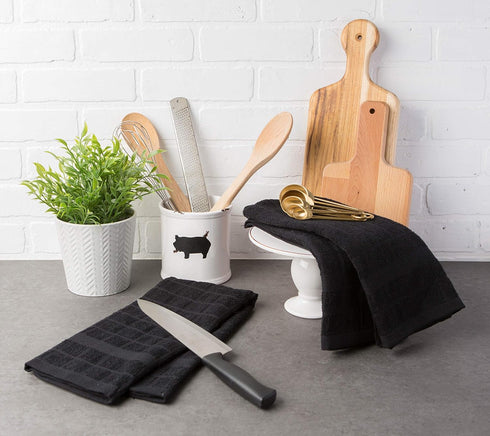 DII Basic Terry Collection Windowpane Dishtowel Set, 16x26, Black Solid, 4 Piece...