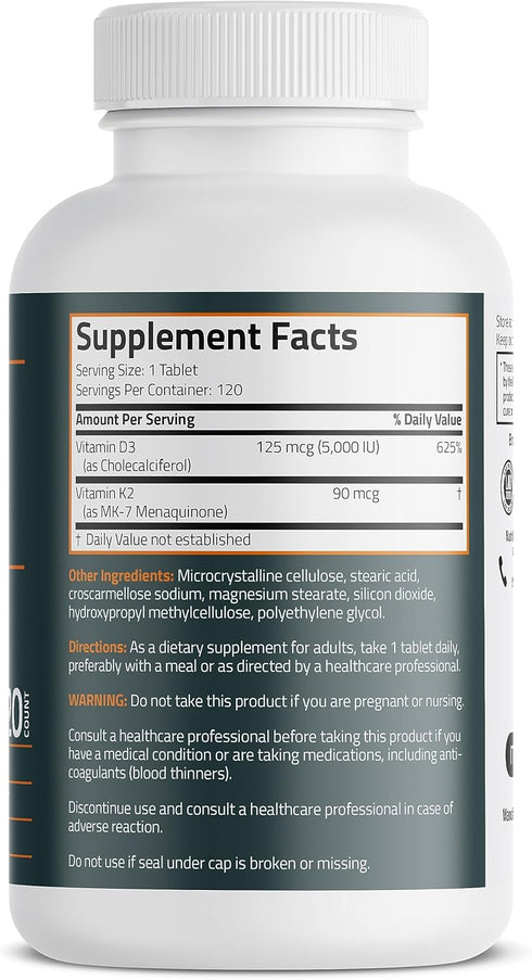 Bronson Basics Vitamin K2 D3 (MK7) Supplement Non-GMO Formula 5000IU (125 mcg) Vitamin D3 & 90 mcg Vitamin K2 MK-7 Easy to Swallow Vitamin D & K C...