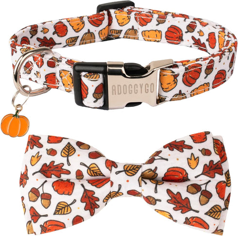 ADOGGYGO Thanksgiving Dog Collar with Bowtie, Fall Leaves Pumpkin Dog Thanksgiving Collars with Detachable Bow Adjustable Pet Fall Collars for Sma...