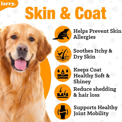 Salmon Oil for Dogs Skin and Coat by Larry | Dog Supplements for Itchy Skin & Allergy Relief | Omega 3, 4, DHA, & EPA for Skin, Coat, Bone, & Join...