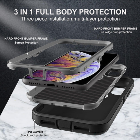 for iPhone Xs Max Case, Military Grade 3 in 1 Heavy Duty Shockproof/Drop Proof/Dust Proof Case with 2Pcs Tempered Glass Screen Protector (Black/Gr...