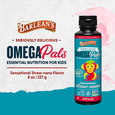 Barlean's Omega Pals Omega 3 for Kids, Yummy Straw-Nana Flavored Children's Liquid Flax Seed Oil Supplement with 1,483 mg ALA, Non-GMO, Vegan Brai...