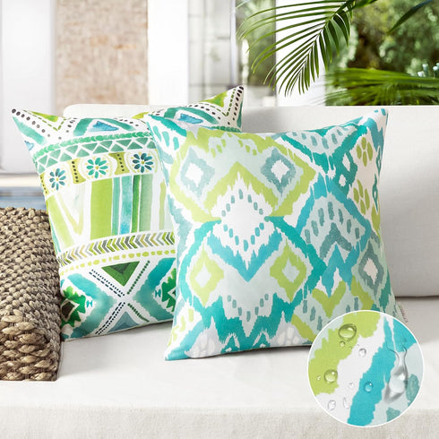 Ashler Boho Outdoor Pillows, Turquoise/Green 18 x 18 Pillow Covers, Outdoor Pillows Waterproof Set of 2, Pillow Case for Patio, Couch, Water Resis...