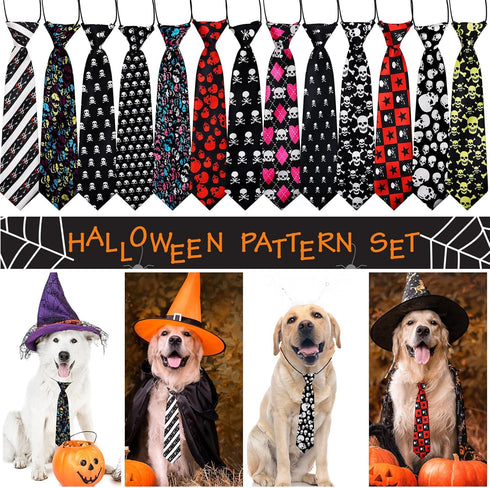 10pcs Skull Large Dog Neck Ties, Festival Dog Ties for Medium Large Dogs, Bulk Handmade Large Dog Collar Grooming Ties, Holiday Skull Pattern Dog ...