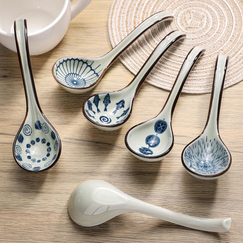 Ceramic Soup Spoons Set of 6 Asian Soup Spoon Ceramic Ramen Spoons, Long Handle Japanese Soup Spoon for Dumpling, Noodles, Miso, Chinese Wonton...
