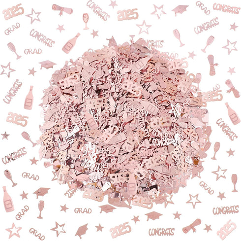 Konsait 2025 Rose Gold Graduation Confetti, 2 Oz/ 1700+ Pieces Graduation Table Decorations Congrats Stars 2025 Cap Goblet Diploma Confetti for Bi...