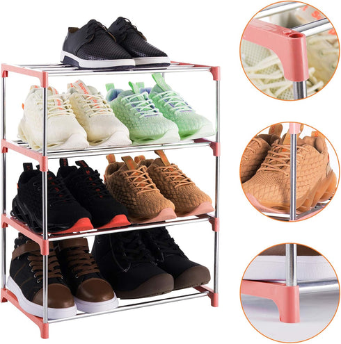 4-Tier Stackable Small Shoe Rack, Lightweight Shoe Shelf Storage Organizer for Entryway, Hallway and Closet (Pink)...