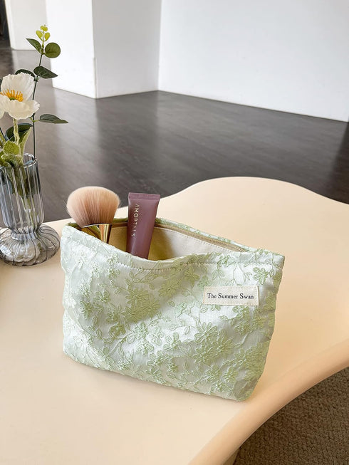 | Large Aesthetic Makeup Bag | Floral Makeup Bag | Mid-day Clutch | Period Kit Bag | Hygiene Bag | Skincare Bag | Cute Makeup Bag (Embroidery Gree...