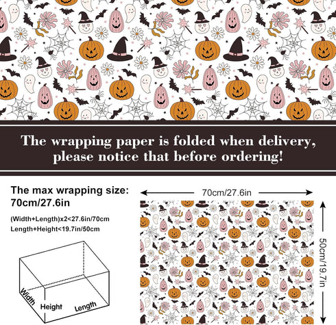 AnyDesign 12 Sheet Halloween Wrapping Paper Boho Pink Pumpkin Ghost Gift Wrap Paper Bulk Folded Flat Halloween Print Art Paper for Halloween Birth...