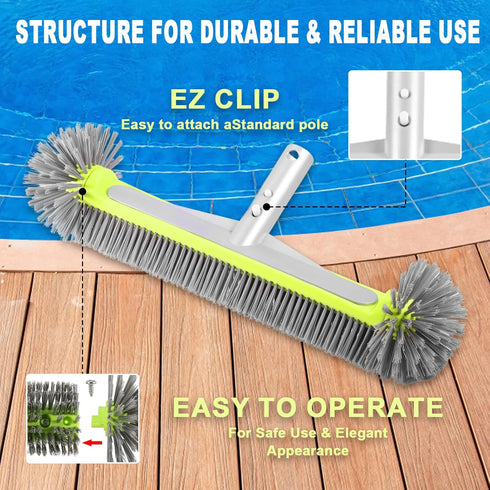 Professional Heavy Duty Swimming Pool Wall & Tile Brush?17.5" Round Ends Pool Brush Head with Sturdy Aluminum Handle for Cleans Walls, Tiles & Flo...