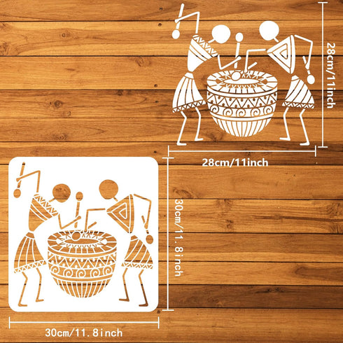 FINGERINSPIRE Warli Art Painting Stencil 11.8x11.8inch Tribal People Drumming Stencil Tribal Art Stencil Decorative Tribe Theme Plastic Stencil fo...