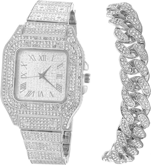 Diamond Watch for Men Guys Iced Out 20MM Wide Wristband 18k Real Gold/White Gold Platinum/Rose Gold/Rhodium Black Plated, Cuban Link Chain Set Opt...