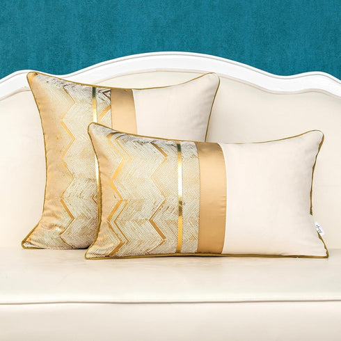 Alerfa 12 x 20 Inch Khaki White Geometric Striped Gold Leather Patchwork Velvet Cushion Case Luxury Modern Lumbar Throw Pillow Cover Decorative Pi...