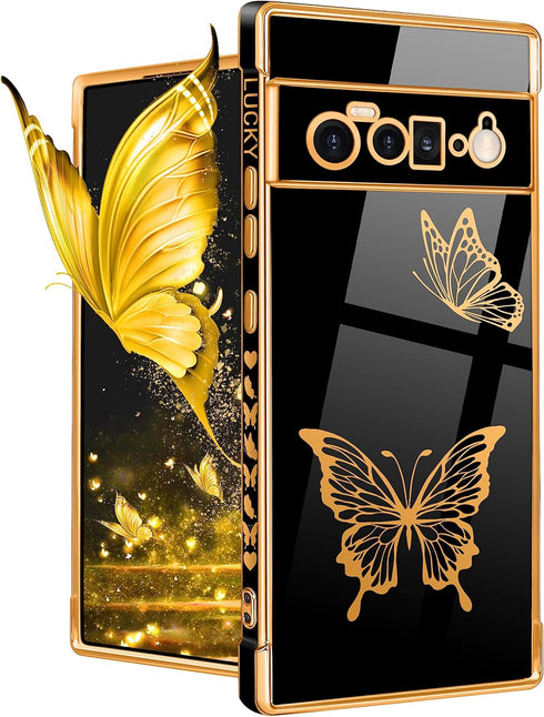 Coralogo for Google Pixel 6 Pro Case 5G Butterfly for Women Girls Girly Pretty Phone Cases Cute Black and Gold Plating Butterflies Unique Design A...