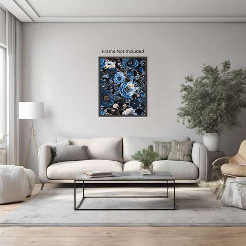 Posterizer 1 pcs-navy blue flowers with dark night sky background-Floral & Botanical Art-Abstract & Modern Art-Decor for Home & Office- UNFRAMED W...