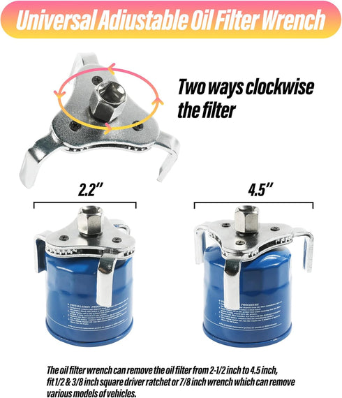 Adjustable Carbon Steel Oil Filter Wrench, 2-1/2 in to 4.5 in, 3 Jaw Design, 2 Way Removal Tool Set...
