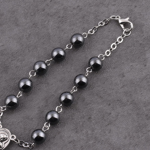 Luomu Hematite Beads Auto Rosary, Car Rosary One Decade Catholic Rosary with Clasp, with Terra Jerusalem Medal Centerpiece and Crucifix Medal Hang...