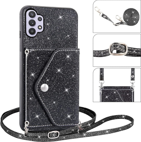 Asuwish Phone Case for Samsung Galaxy A32 5G 2021 6.5 inch Wallet Cover with Tempered Glass Screen Protector and Crossbody Strap Bling Glitter Car...