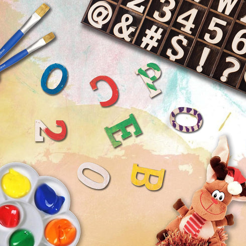 270 Pieces 1 Inch Wood Alphabet Letters Wooden Numbers Mini Blank Symbols Unfinished Heart Star Paw with Rustic Storage Tray for Home Decor Spelli...