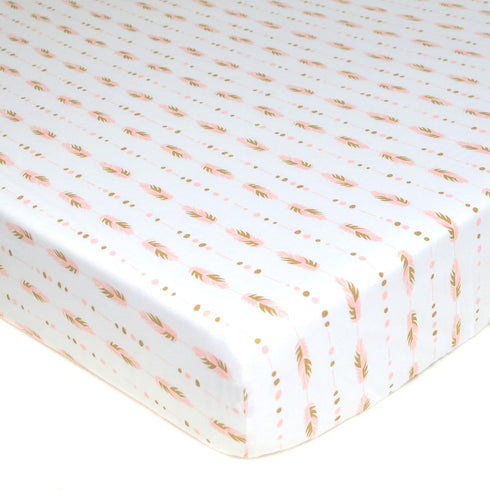 TL Care Fitted Crib Sheet 28" x 52", Soft Breathable Neutral 100% Cotton Jersey Sheet, Gold and Pink Feather, for Boys and Girls, Fits Crib and To...