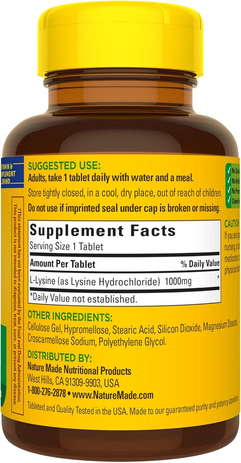 Nature Made L-Lysine 1000 mg, Dietary Supplement, 60 Tablets, 60 Day Supply...