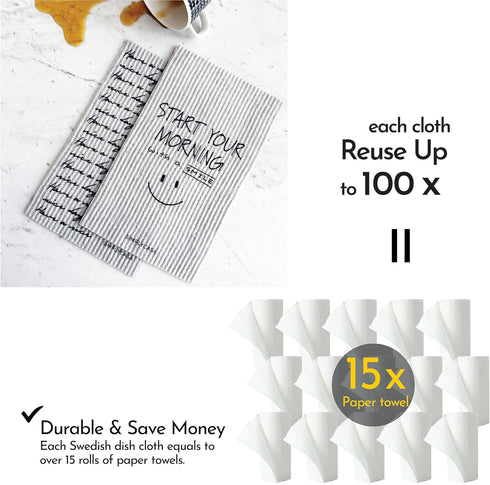 Long Gray 7 Pack Reusable Swedish Dishcloth, for Kitchen and Household Use, Super Absorbency, Made in Sweden, Cellulose Sponge Dish Cloths for Was...