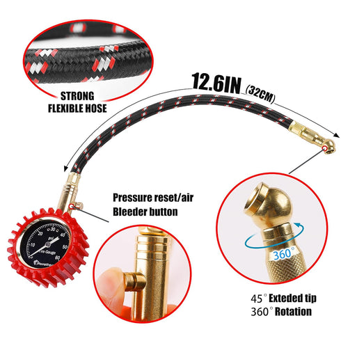 Tire Pressure Gauge 0-60 PSI Long Hose - Heavy Duty Tire Gauge High Accurate with Large 2 Inch Easy to Read Glow Dial, Low – High Tire Gauge for C...
