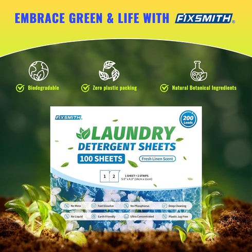 FIXSMITH Laundry Detergent Sheets - 200 Loads (100 Sheets) Fresh Linen Scent - Hypoallergenic,Eco Friendly Laundry Detergent Strips Ultra-Concentr...