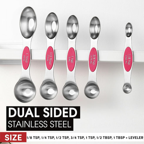 Spring Chef Pink Stainless Steel Magnetic Measuring Spoons Set of 8 with Leveler, Dual Sided Teaspoon & Tablespoon Measuring Set for Dry and Liqui...