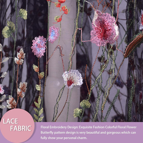 Black Lace Fabric, Exquisite Colorful Floral Flower Embroidered Sewing Lace Fabric, Length 71" Width 59" Elegant Soft Tulle Dress Fabric for DIY C...