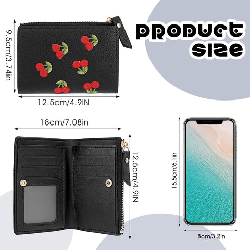 Women's Wallets, Short Cherry Embroidery Trend Ladies Small Wallets, Cute Small Wallets for Girls Leather Zipper Wallets (black)...