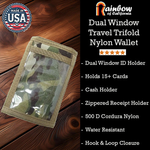 Tactical Nylon Trifold Wallet Durable 500D Cordura, water-resistant, inside/outside ID windows, 15+ card slots, compact 5x3.25in. Ideal for milita...