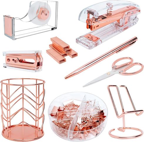 Rose Gold Office Supplies and Accessories - Cute Office Supplies for Women with Rose Gold Stapler, Tape Dispenser, Pen Holder, Scissors, Phone Hol...