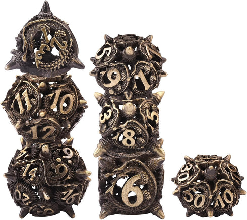AUSTOR Metal DND Dice Set Dragon DND Hollow Metal Dice 7 Pieces Polyhedral Dice D20 D12 D10 D% D8 D6 D4 Dice with Metal Box for Dungeons & Dragons...