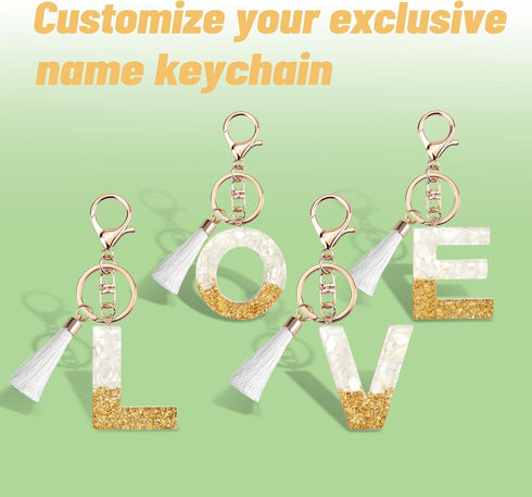 Cute Beige Key Chains for Women Girls, Initial Letter Keychains with White Tassel, Charms for Key Handbag Backpack...