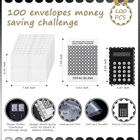 100 Envelopes Money Saving Challenge Binder Kit with Mini Calculator, A5 Budget Binder Book Organizer with Cash Envelopes for 100 Day to Save $5,0...